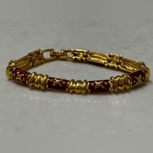 Vintage Joan Rivers Signed Red Enameled Gold Tone X Pattern Link Bracelet - Picture 1 of 9